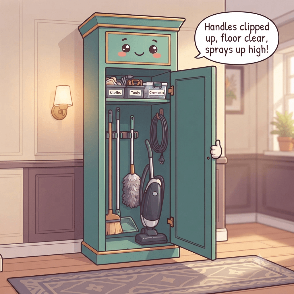 The broom closet character pleased, long tools clipped upright to the wall, vacuum standing in its spot, caddies and a latched chemical bin on the shelf