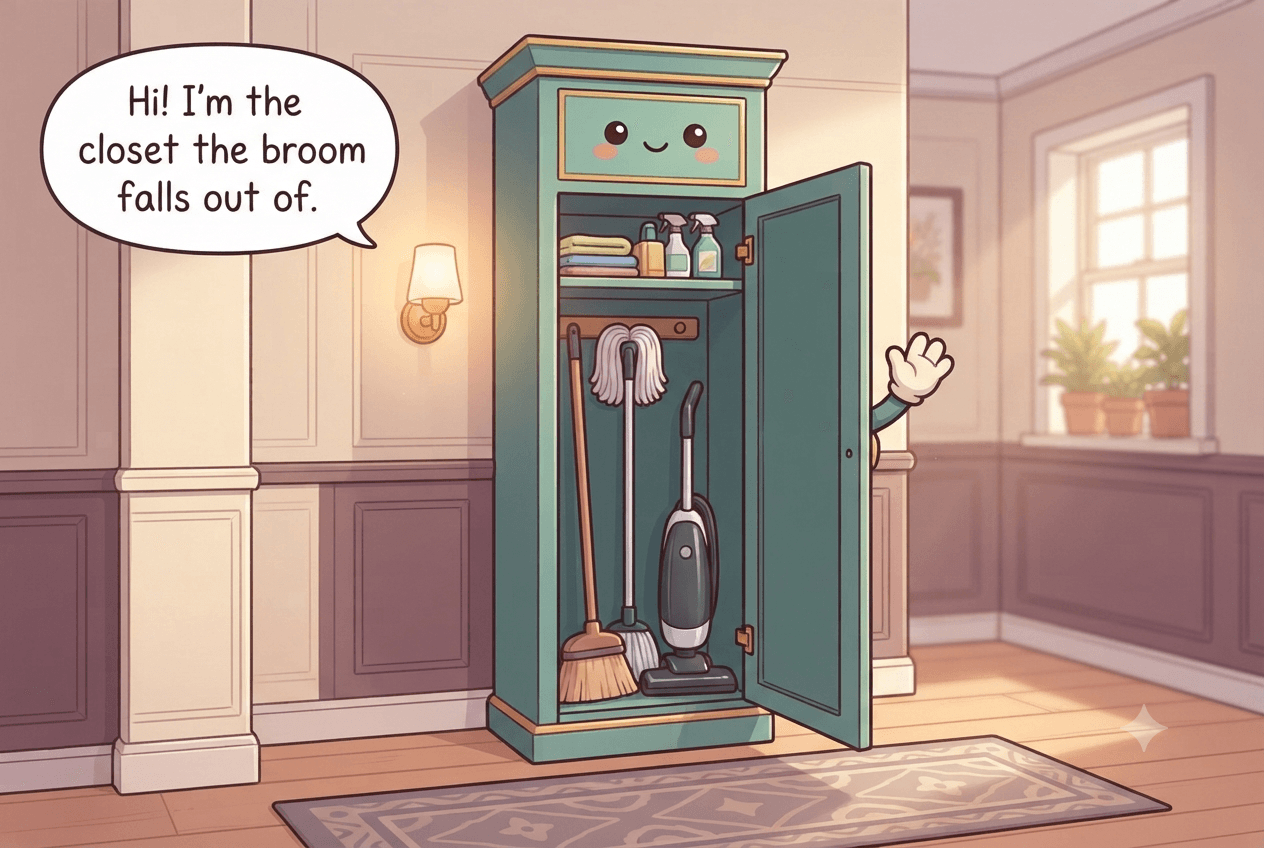 Chibi tall narrow broom closet character with a door open like an arm, a broom and mop leaning inside, a helpful face