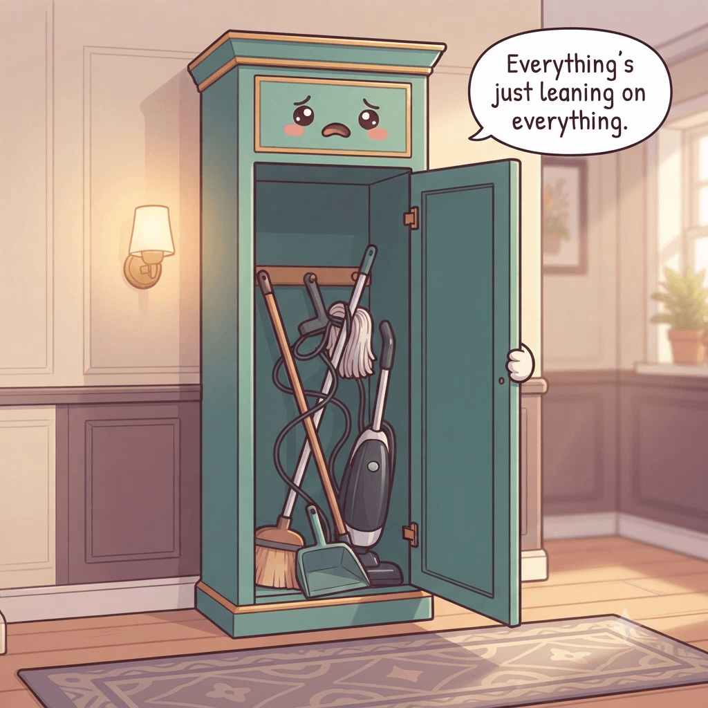 The broom closet character opening to show a broom, mop and vacuum all leaning loose against each other on the floor