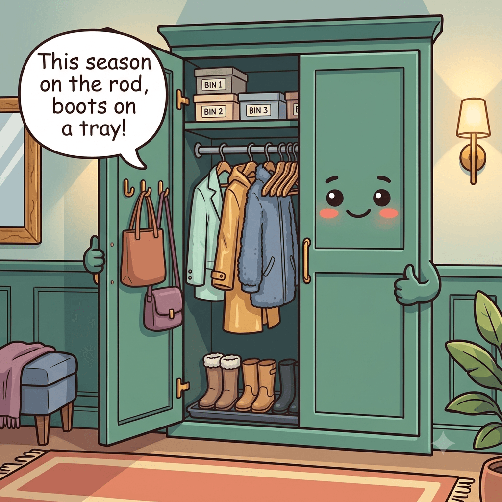 The coat closet character relaxed, current-season coats spaced on the rod, a boot tray below, labeled bins on the shelf, empty guest hangers