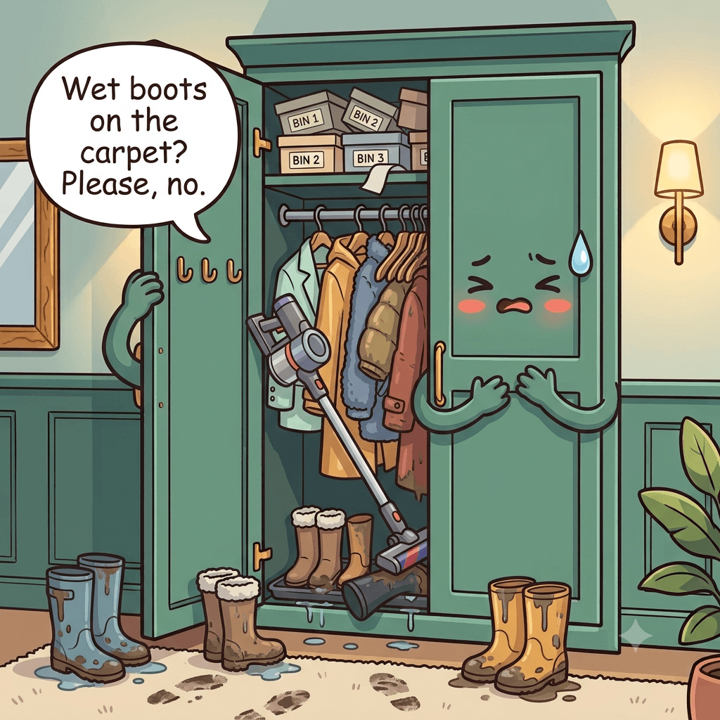 The coat closet character wincing at an overpacked rod, wet boots on bare carpet, a toppling shelf pile and a vacuum jammed in sideways