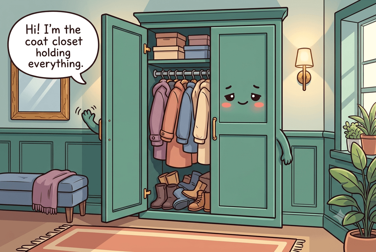 Chibi entryway coat closet character with a door open like an arm, one packed rod, boots piled on the floor, a tired kind face
