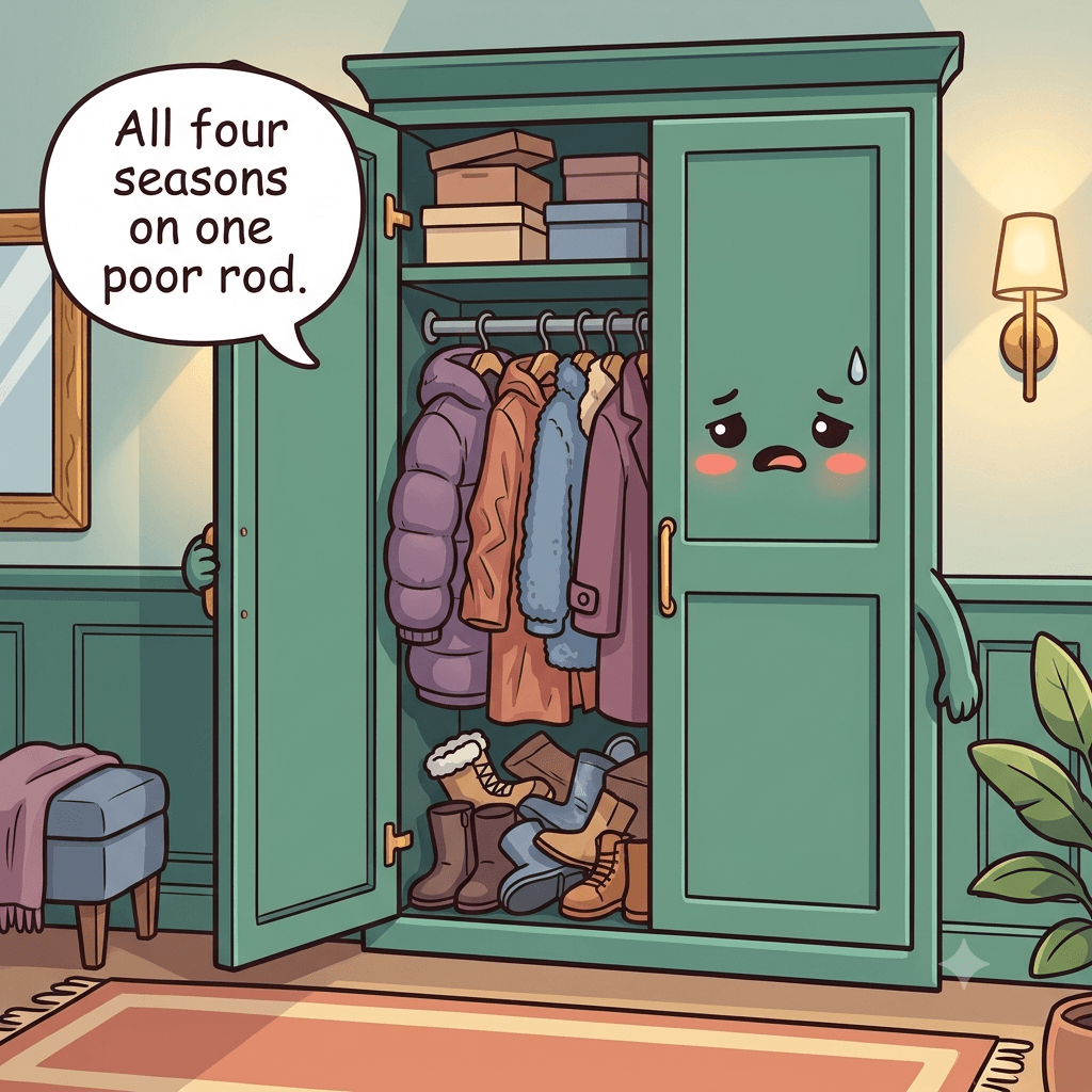 The coat closet character crammed with every season's coats on one rod, boots heaped on the floor, boxes teetering on the shelf
