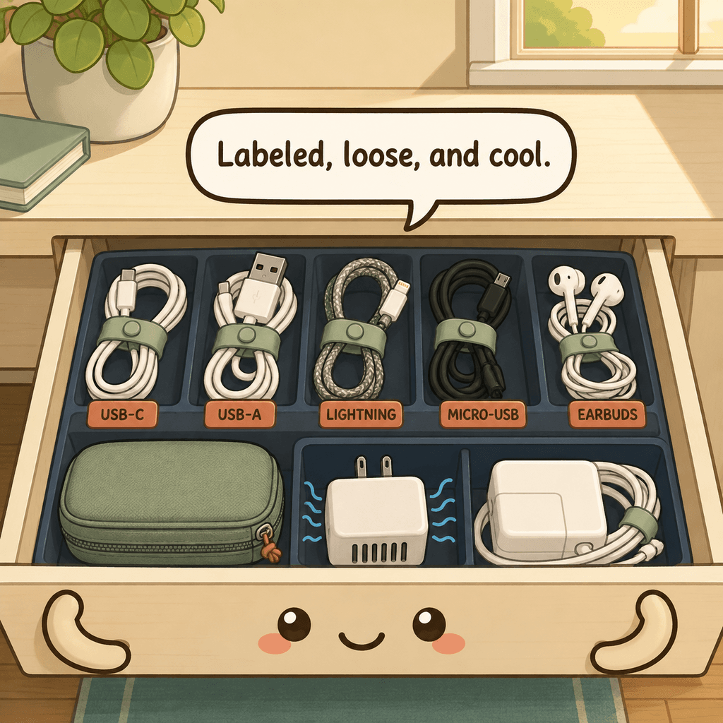 The cable drawer character smiles beside loosely coiled, two-end-labeled cords in shallow compartments and an open ventilated charger zone