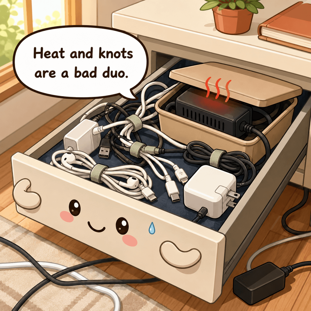 The cable drawer character sweats beside tightly kinked cords, a hot adapter trapped in a sealed box, and cables pinched under furniture