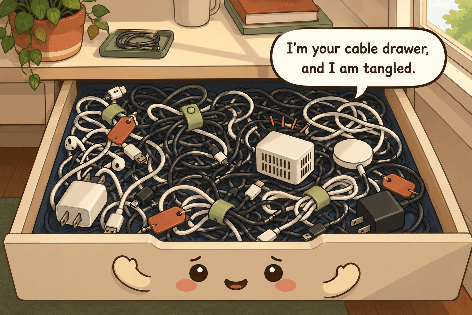Chibi cable drawer character tangled with charging cords, adapters, power bricks, and mystery cables of different lengths