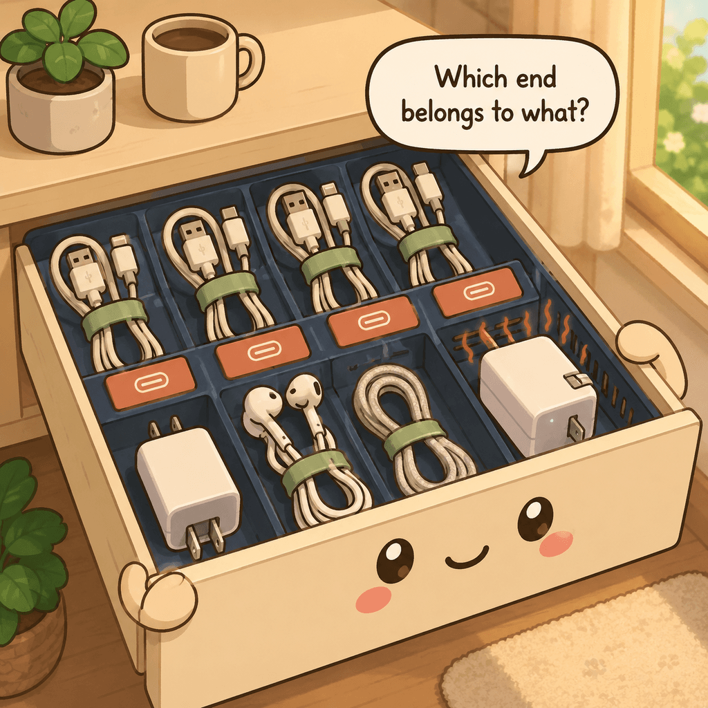 The cable drawer character reveals tangled cords with identical black ends, unlabeled adapters, and a few obsolete connectors