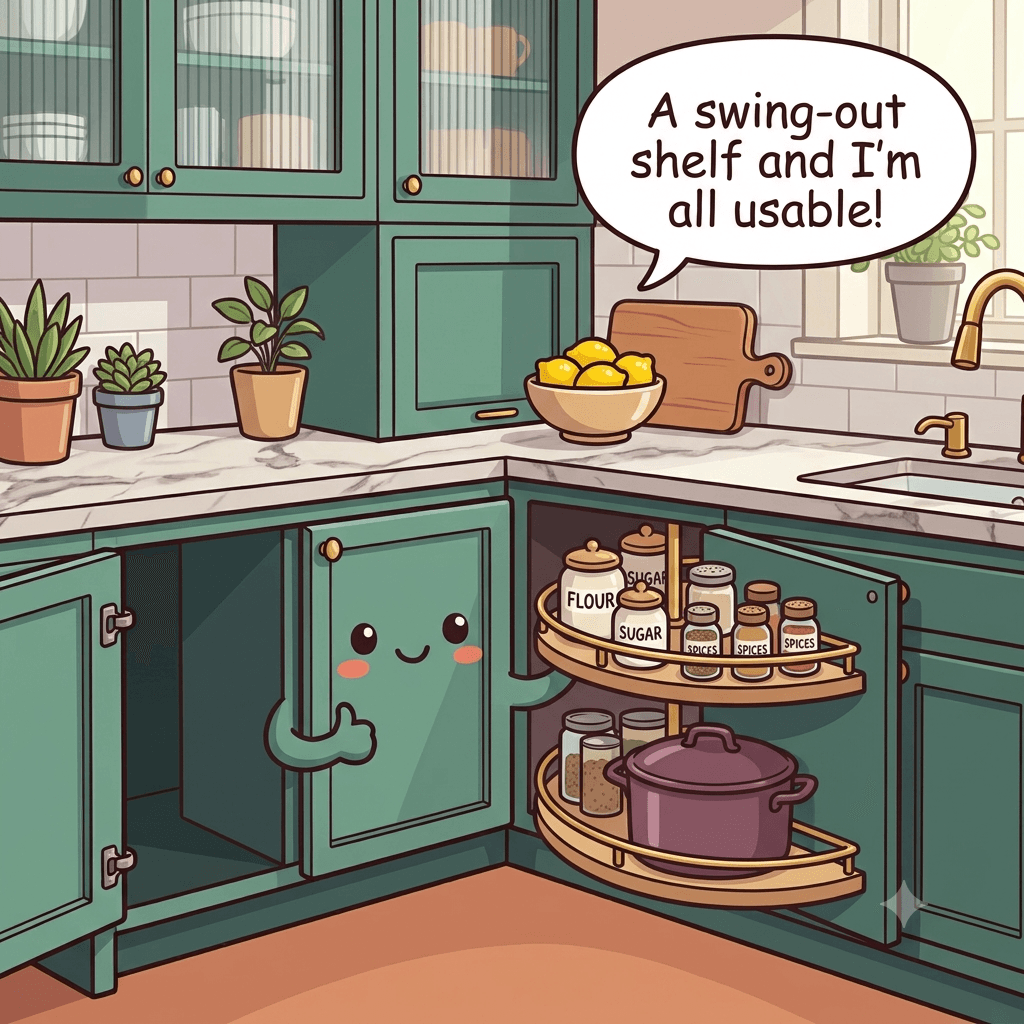 The corner cabinet character pleased, with a two-tier half-moon shelf swinging out and a turntable in the front bay