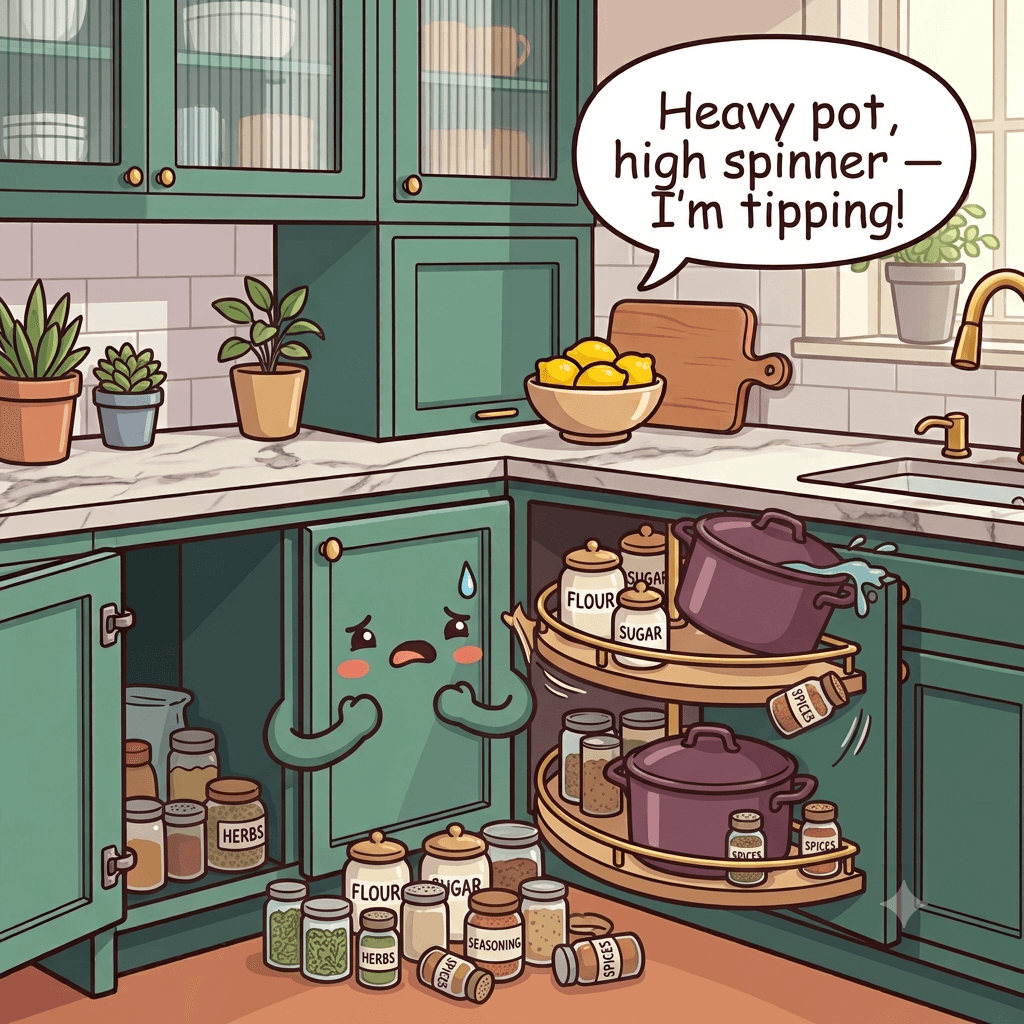 The corner cabinet character straining as a heavy pot on a tilting upper turntable spills and loose jars vanish into the blind bay