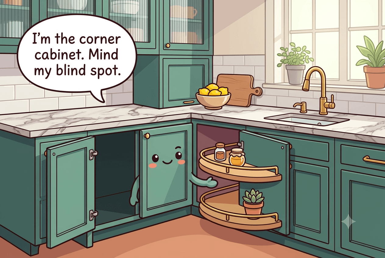 Chibi corner kitchen cabinet character with an L-shaped door open, one dark blind bay behind the hinge