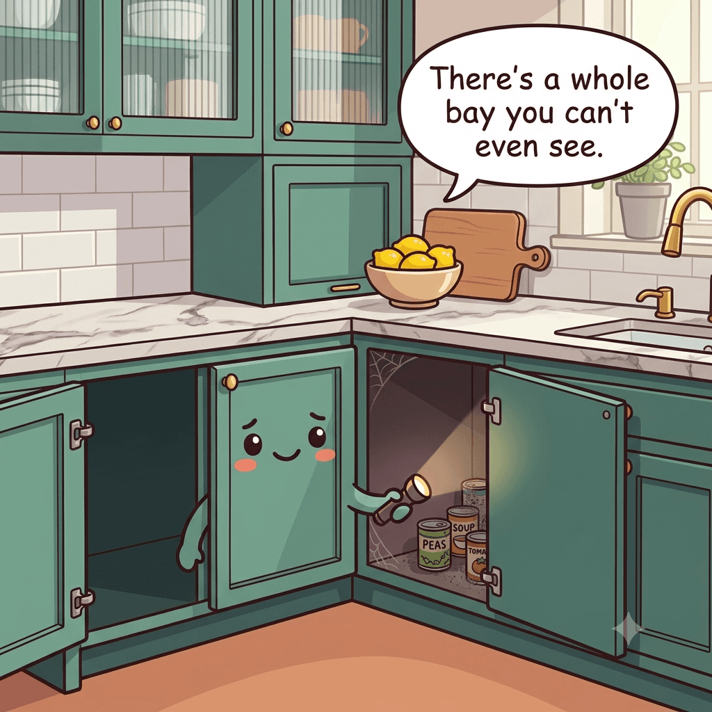 The corner cabinet character points a stubby arm at the dark unreachable bay hidden behind its door hinge
