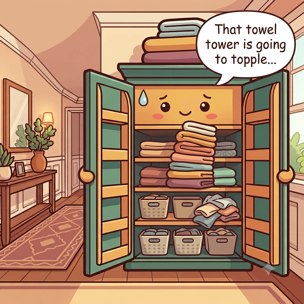 The linen closet character wobbling at a teetering towel tower, hidden rear stacks and unlabeled baskets