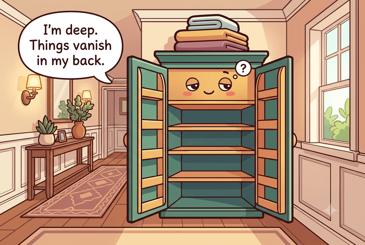 Chibi deep linen closet character, tall and deep, with sleepy eyes and a stack of folded towels balanced on its head