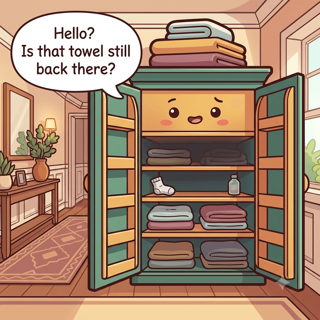 The linen closet character peers into its very deep shelves where items at the back fade into shadow and get lost