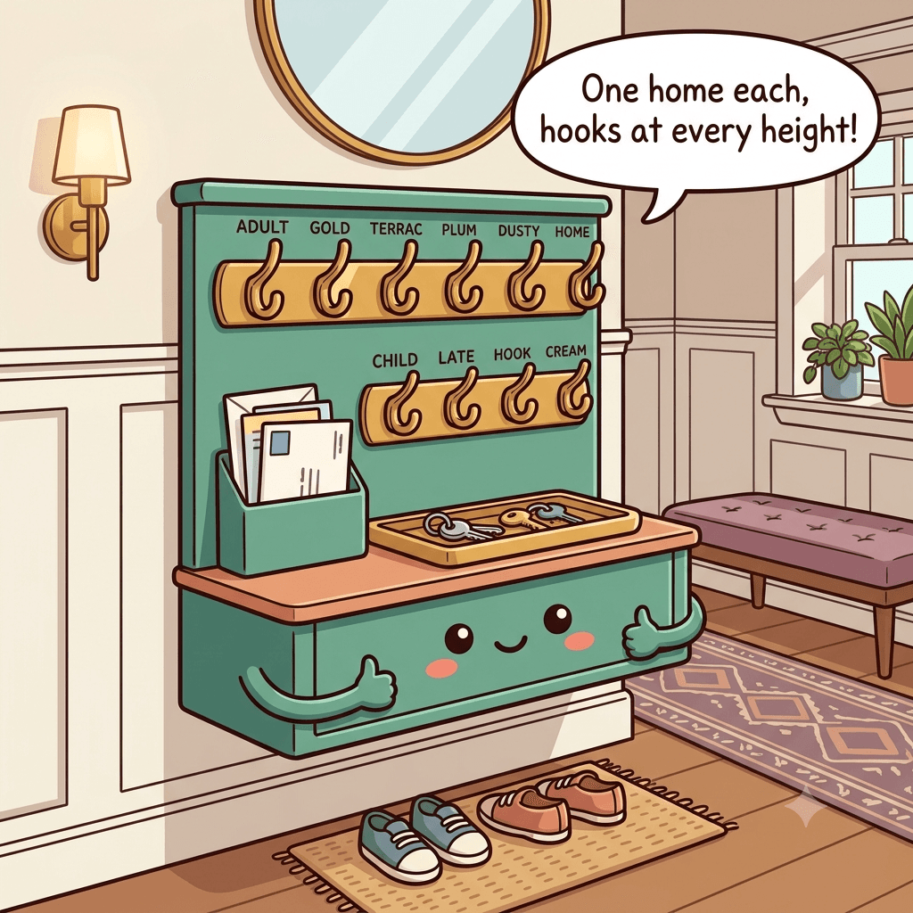 The drop zone character tidy and cheerful, with a key tray, an upright mail file, and labeled hooks at two heights