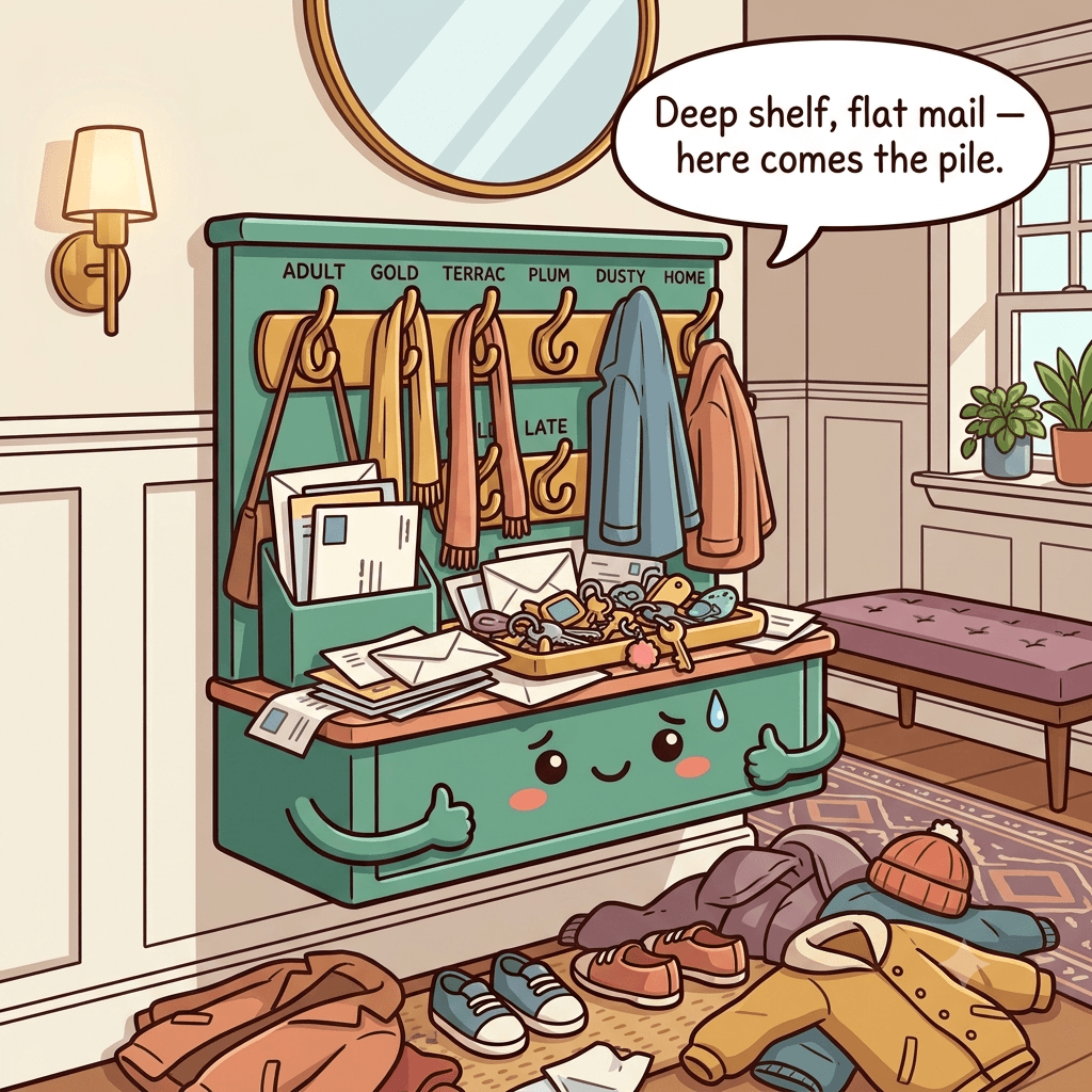 The drop zone character buried under a deep console piled with flat mail, a giant key bowl, and coats heaped on the floor