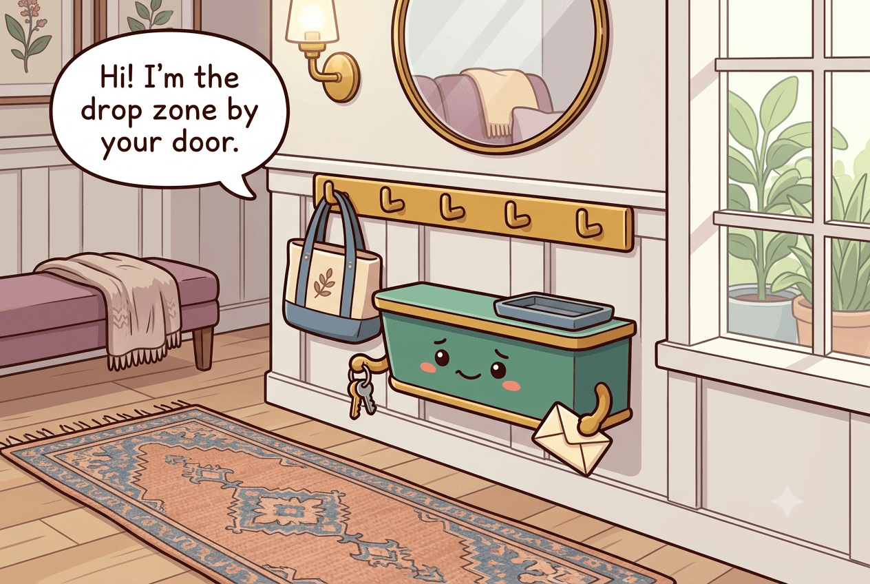 Chibi entryway drop zone character, a small console with hooks and a tray, arms full of keys mail and a tote bag