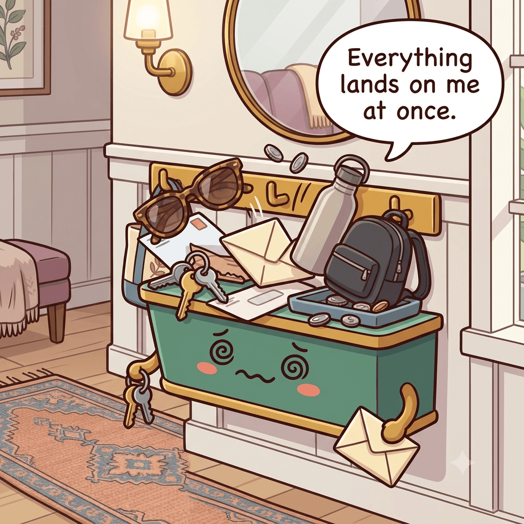 The drop zone character overwhelmed by a jumble of keys, mail, shoes and bags all landing in one spot