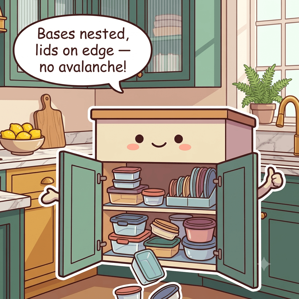The container cabinet character beaming, bases nested in two neat stacks and lids standing on edge in a divided holder
