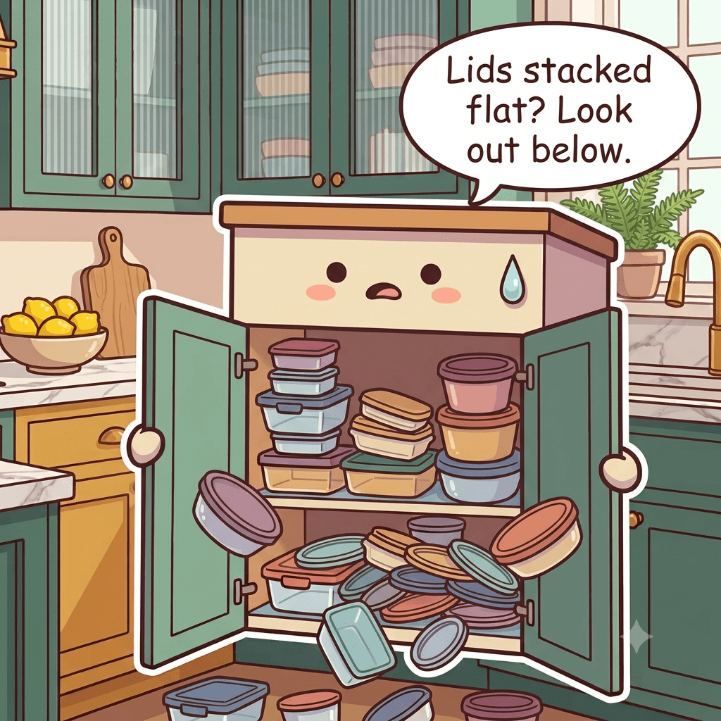 The container cabinet character flustered as lidded containers stacked with lids on tumble out in an avalanche