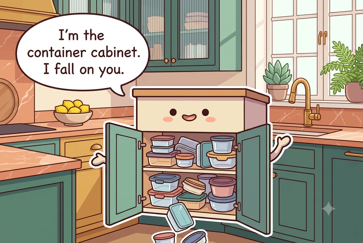 Chibi food container cabinet character with mismatched tubs and lids tumbling out of its open door