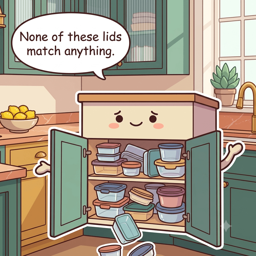 The container cabinet character tips forward to show a jumble of unmatched tubs and lids in every shape