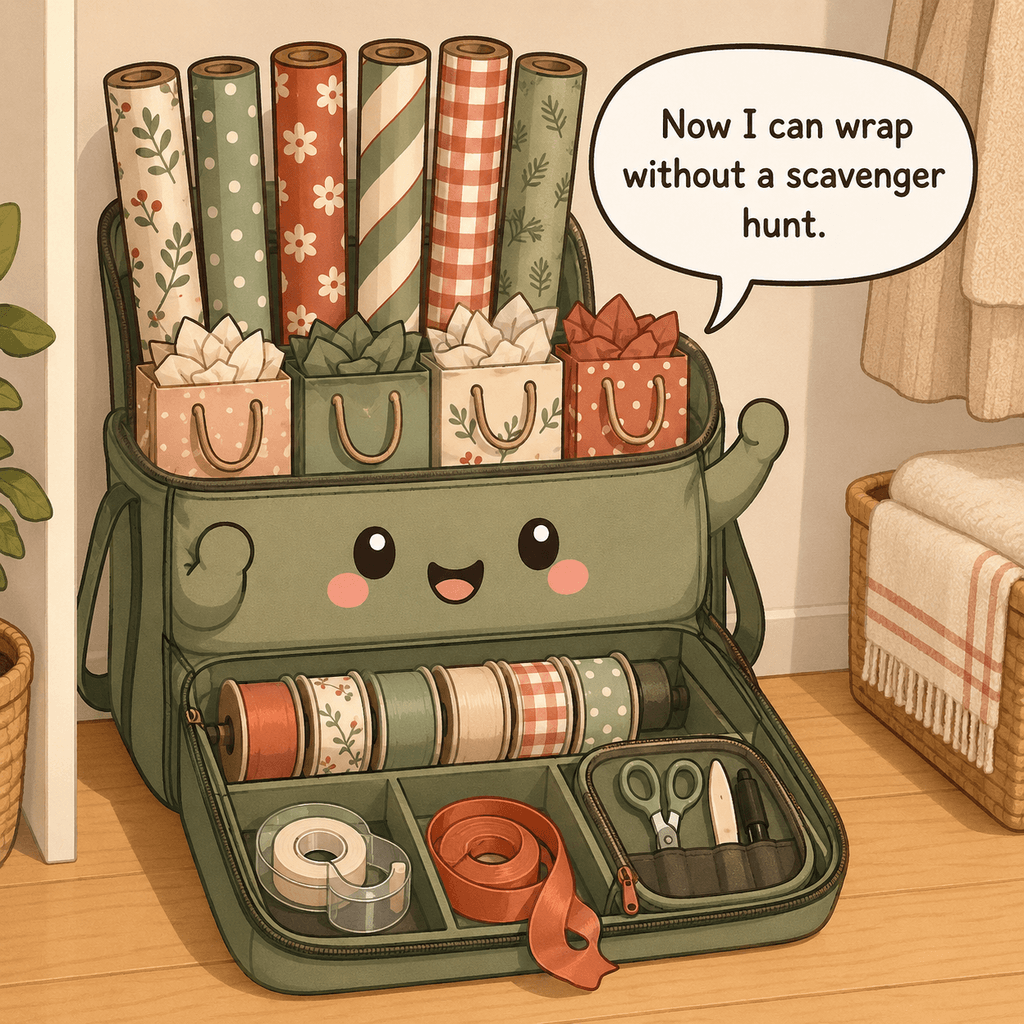 The gift-wrap character smiles beside upright paper rolls, filed gift bags, divided ribbon storage, and a compact portable wrapping caddy