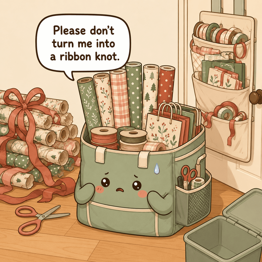 The gift-wrap character looks stressed by crushed paper rolls, tangled ribbon, loose scissors near children, and an overloaded door organizer
