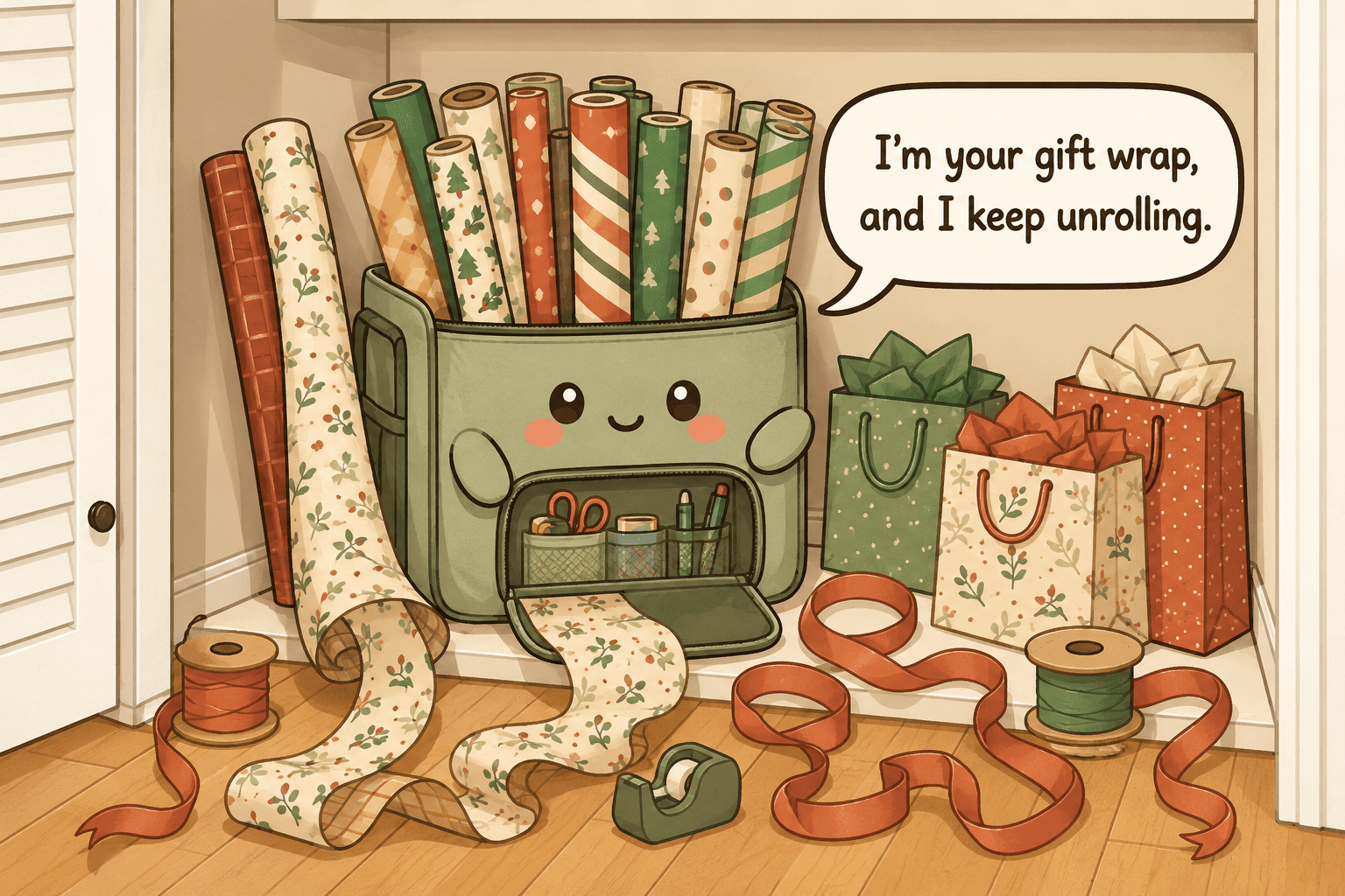 Chibi gift-wrap storage bag character surrounded by loose wrapping-paper rolls, ribbon, gift bags, tape, scissors, and bows in a small closet