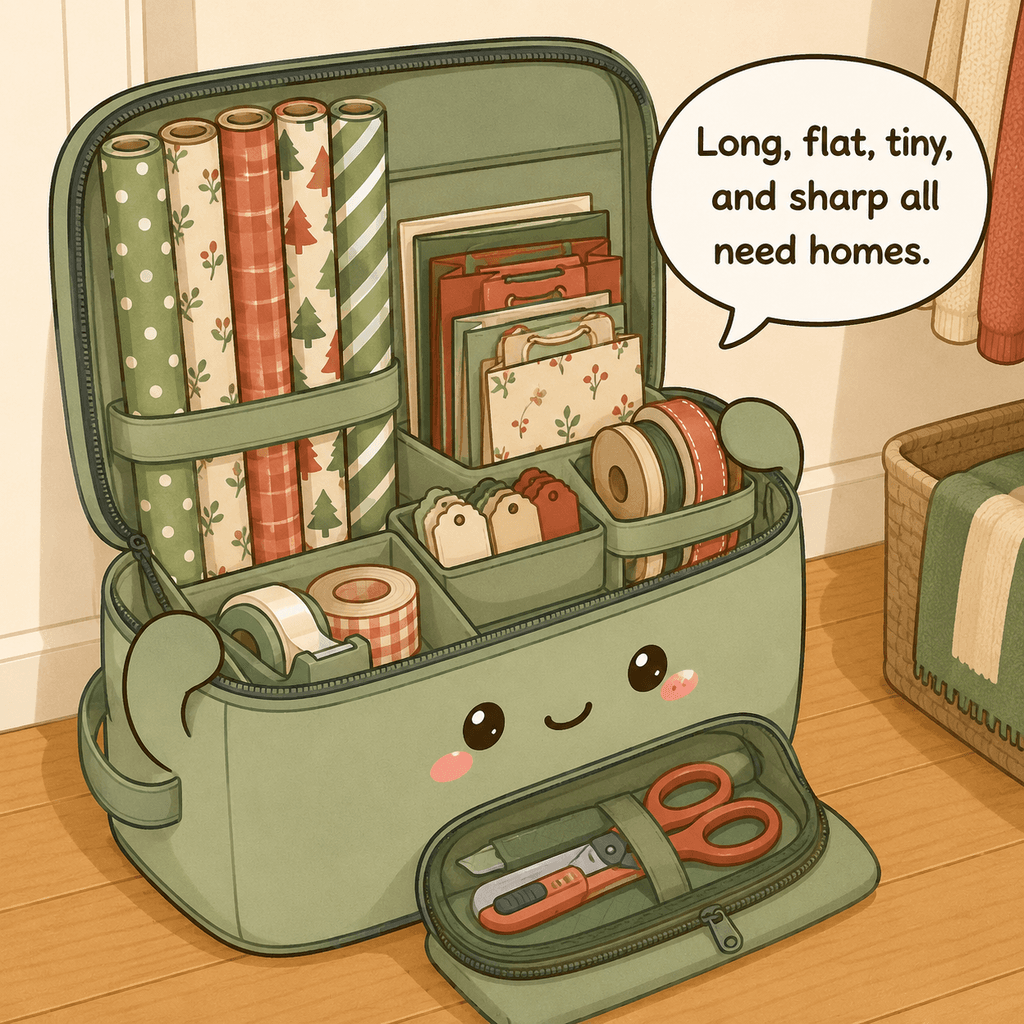 The gift-wrap character reveals long paper rolls, flat bags, tiny tags, ribbon, and a separate secure compartment for sharp tools