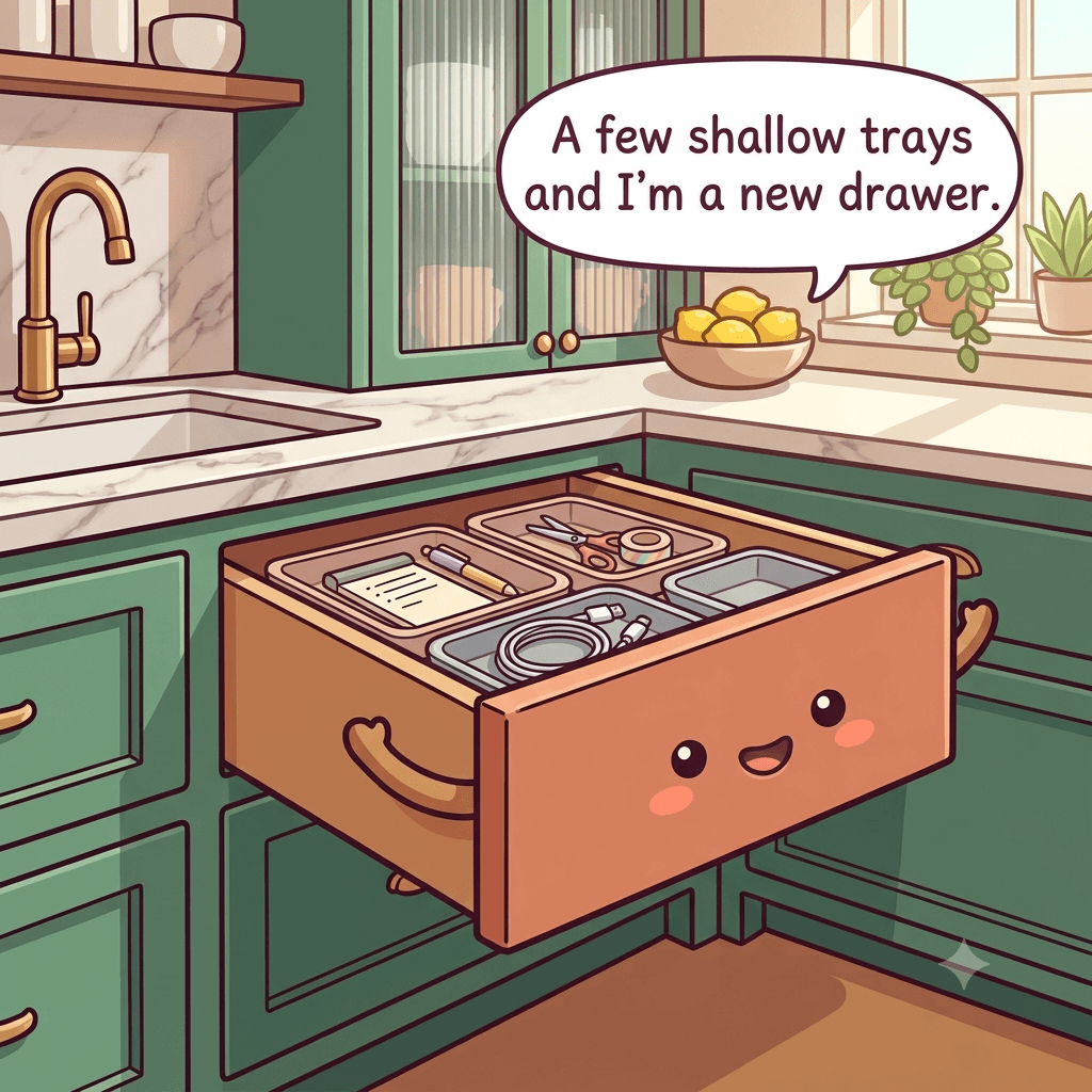 The drawer character beaming, its inside split into a few shallow trays for pens, scissors, a coiled cable and one small empty tray