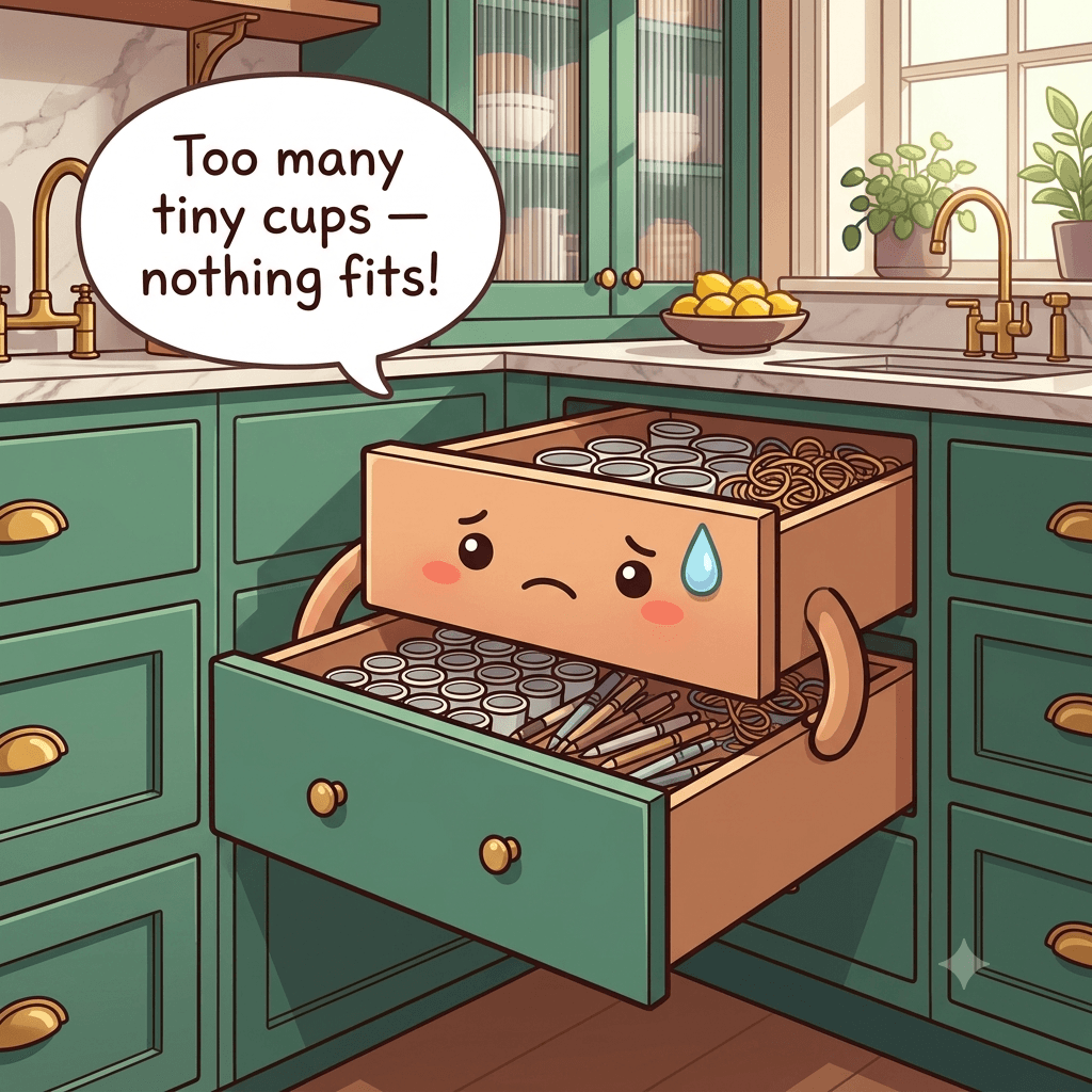 The drawer character flustered by dozens of too-tiny compartments and a heap of identical dried-up pens