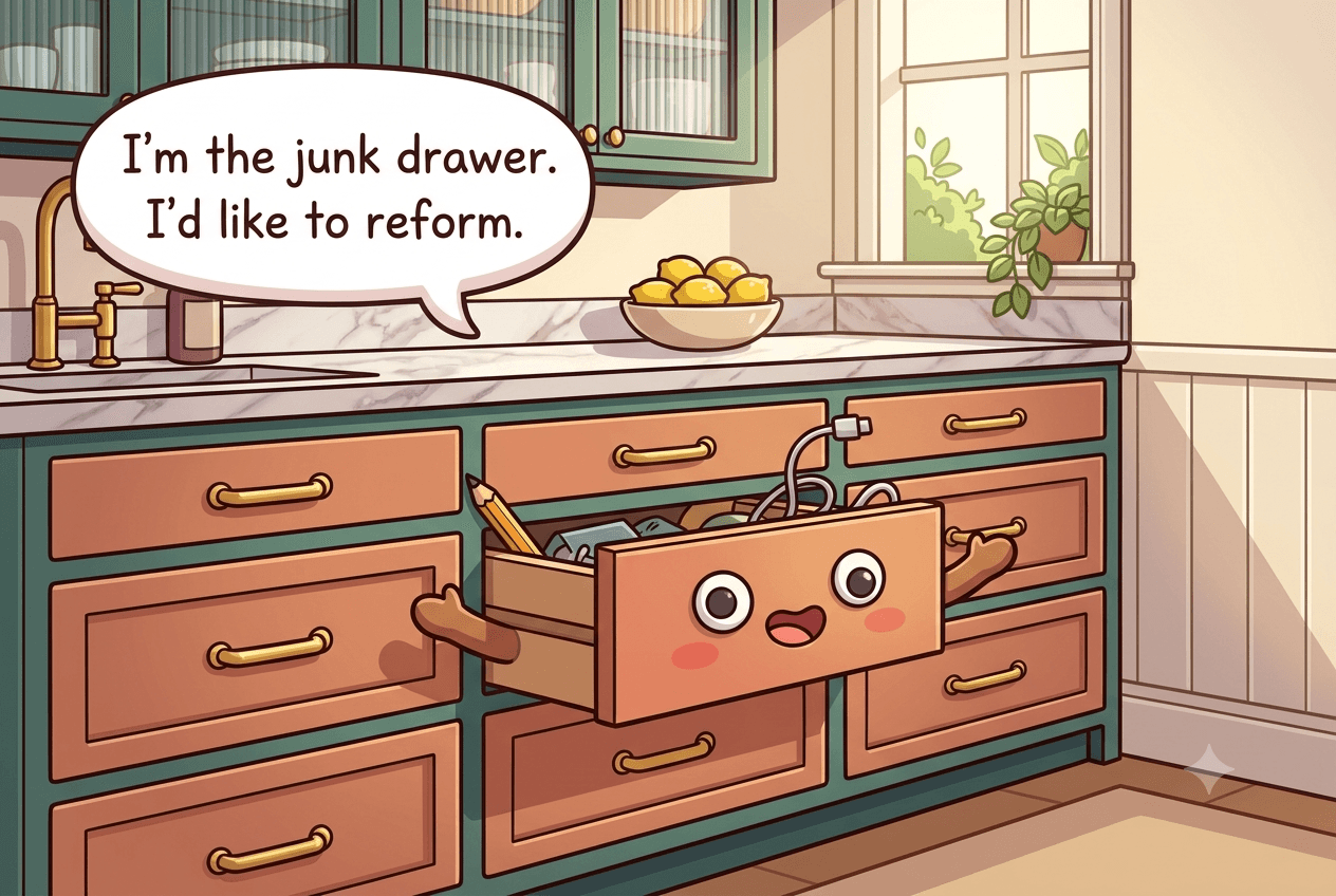 Chibi open-drawer character with googly eyes, a cheeky grin, a pencil behind its ear and a tangled cable like messy hair
