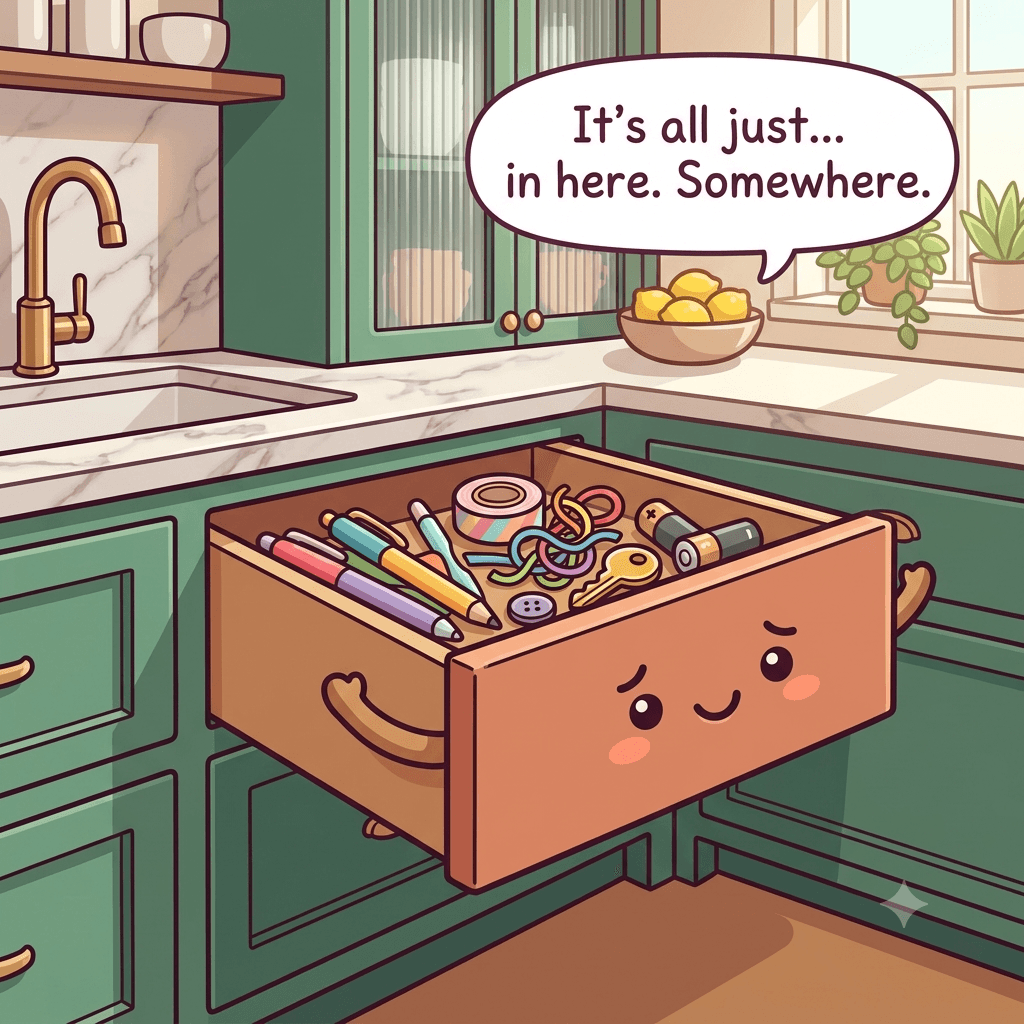 The drawer character tips forward to reveal a jumble of pens, tape, twist ties, a key and loose batteries mixed together