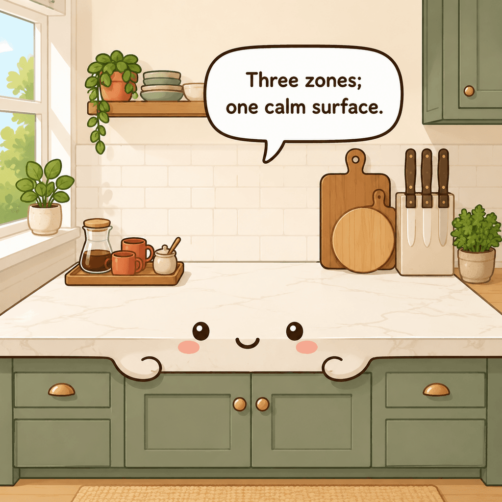 The countertop character smiles beside clear prep and landing zones, one compact beverage tray, vertical cutting boards, and safe knife storage