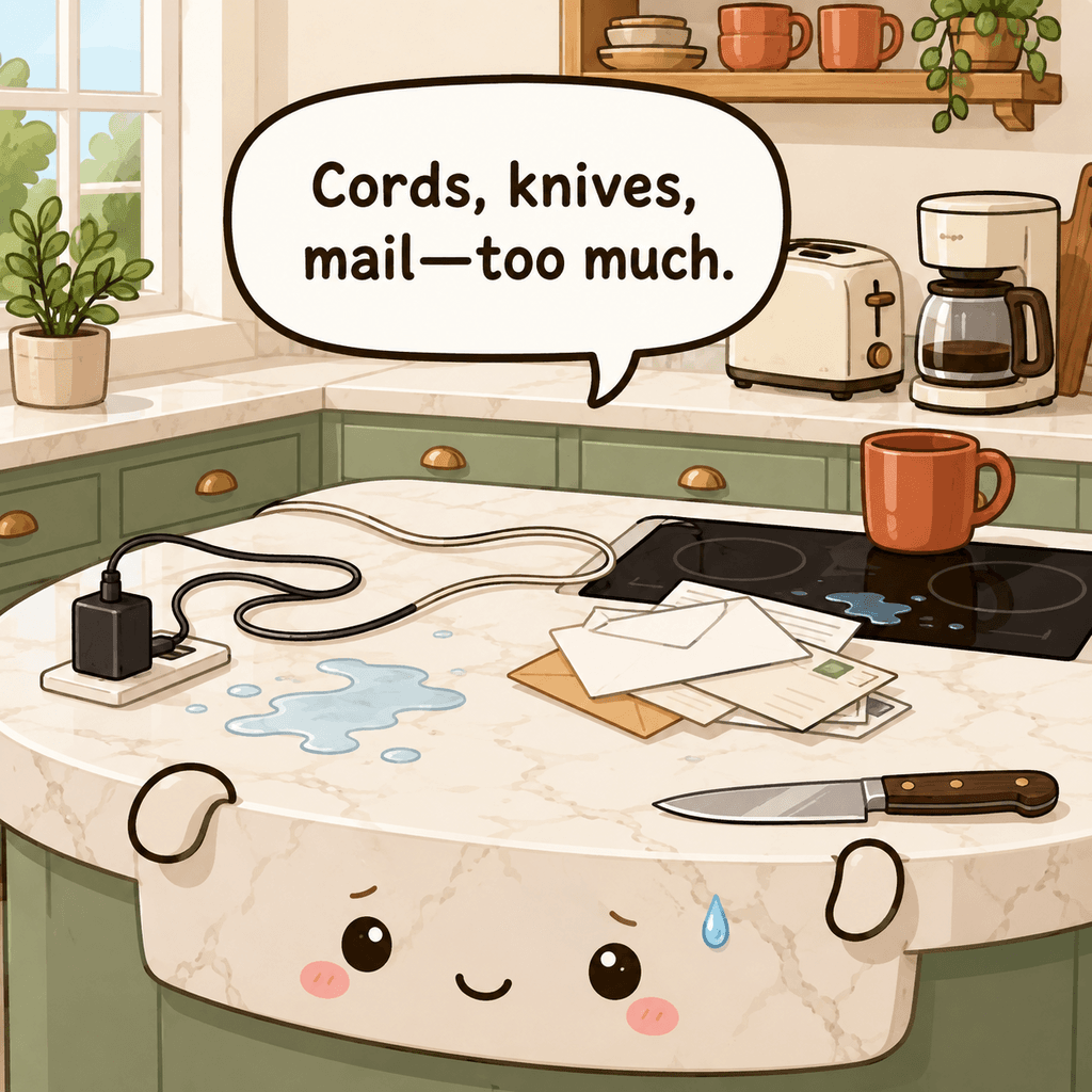 The countertop character looks alarmed by crowded appliances, papers near the stove, dangling cords, and a knife close to the edge