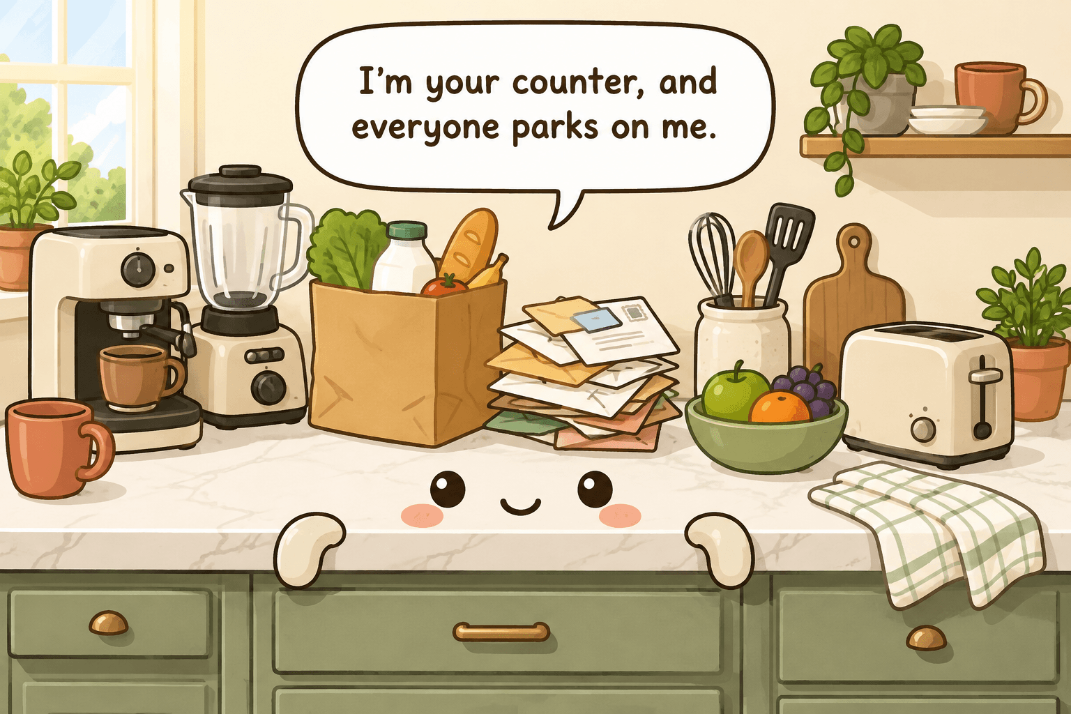Chibi kitchen countertop character crowded by appliances, mail, groceries, utensils, and a knife near the edge while trying to keep a prep area open