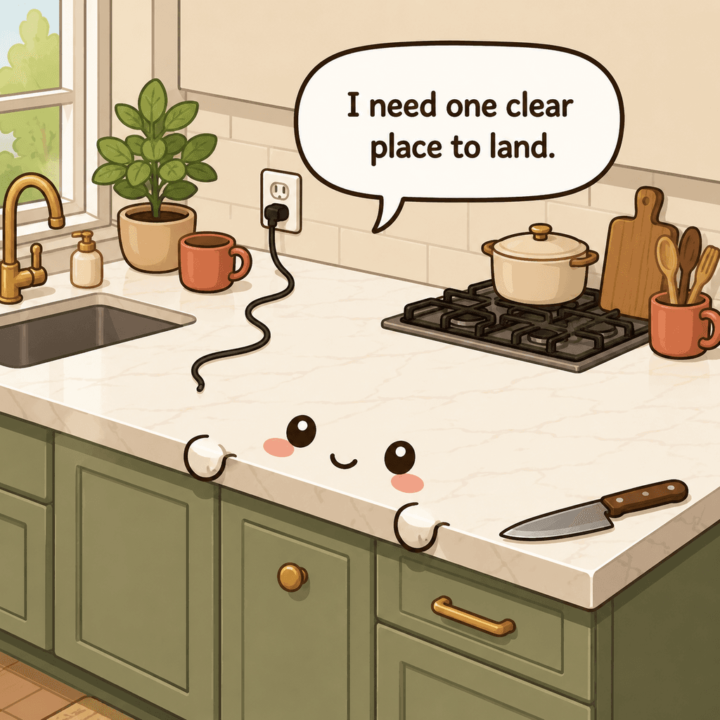 The countertop character points to a cluttered sink zone, cooking zone, and a small clear landing area that needs protection