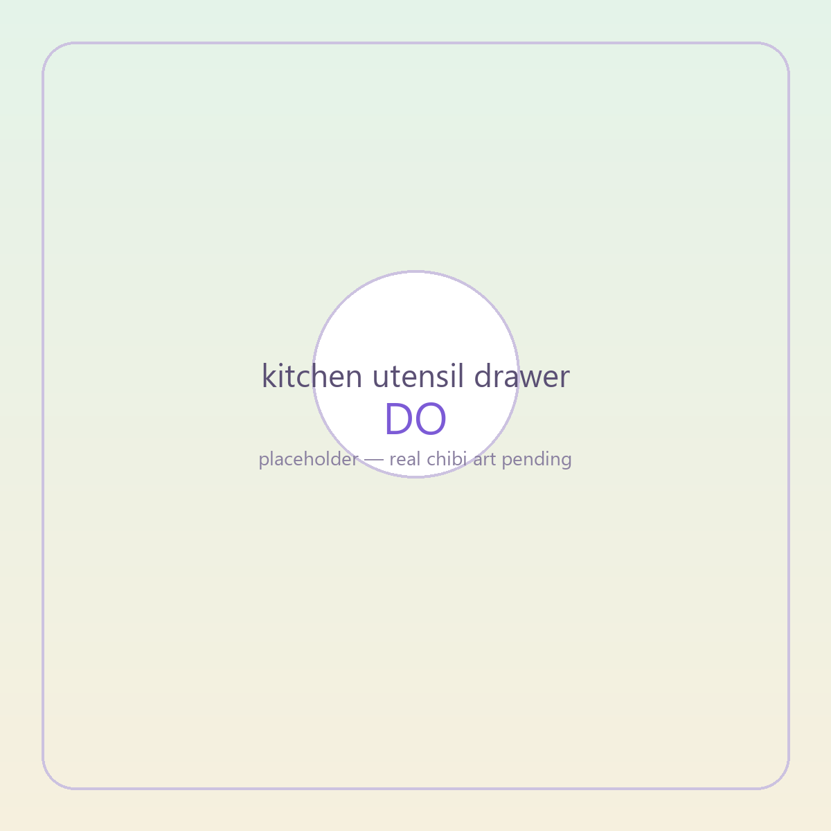 The utensil drawer character closing smoothly, tools sorted flat into divided sections by task with a tidy single layer