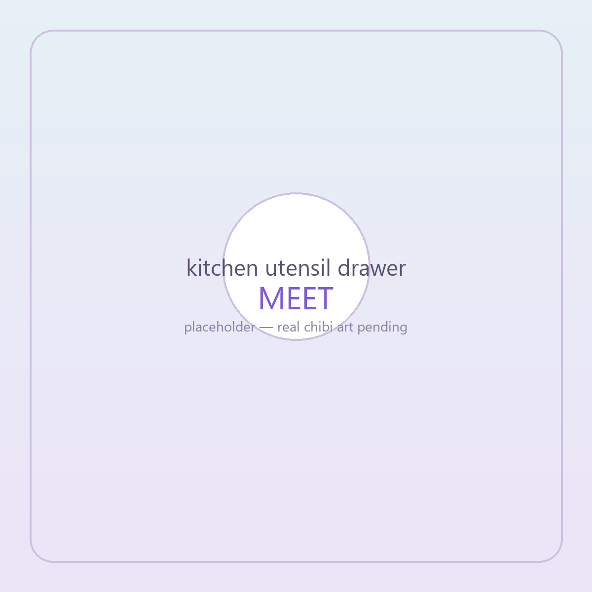 The utensil drawer character stuck half-open with a whisk and a ladle wedged upward against the counter above