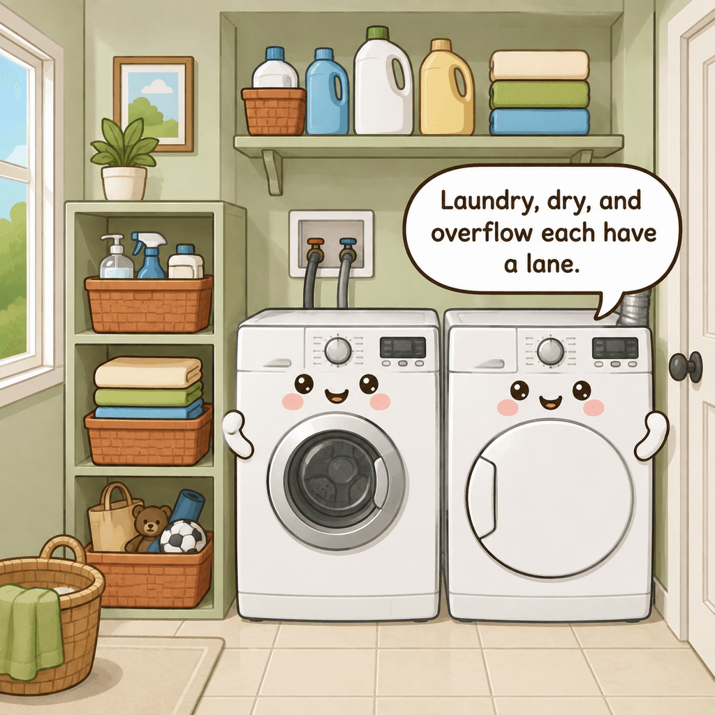 The laundry room character smiles beside clearly separated wash, dry, and overflow zones with secured detergent storage and a clear floor