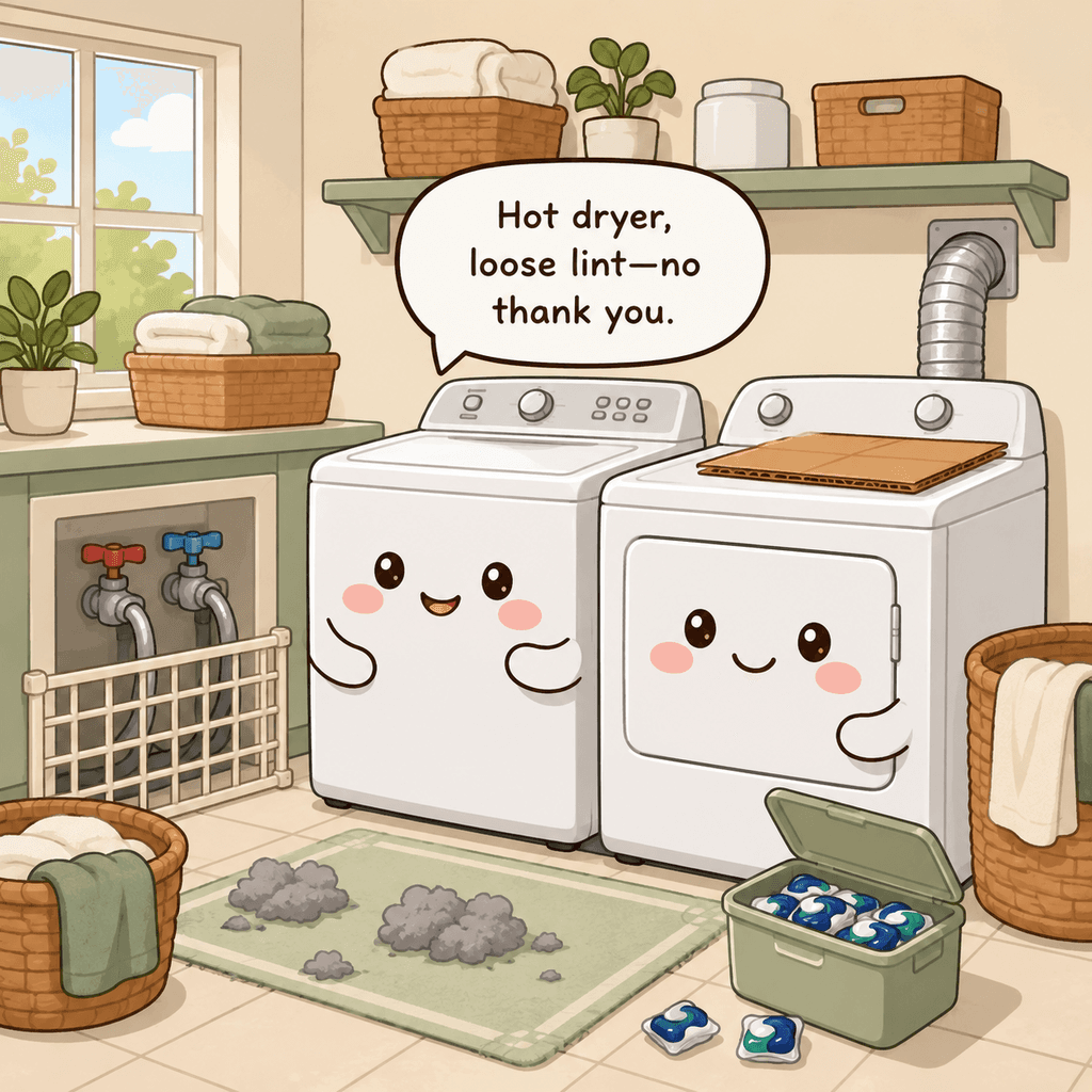 The laundry room character looks stressed by detergent within child reach, lint piles, boxes on a hot dryer, and blocked water valves