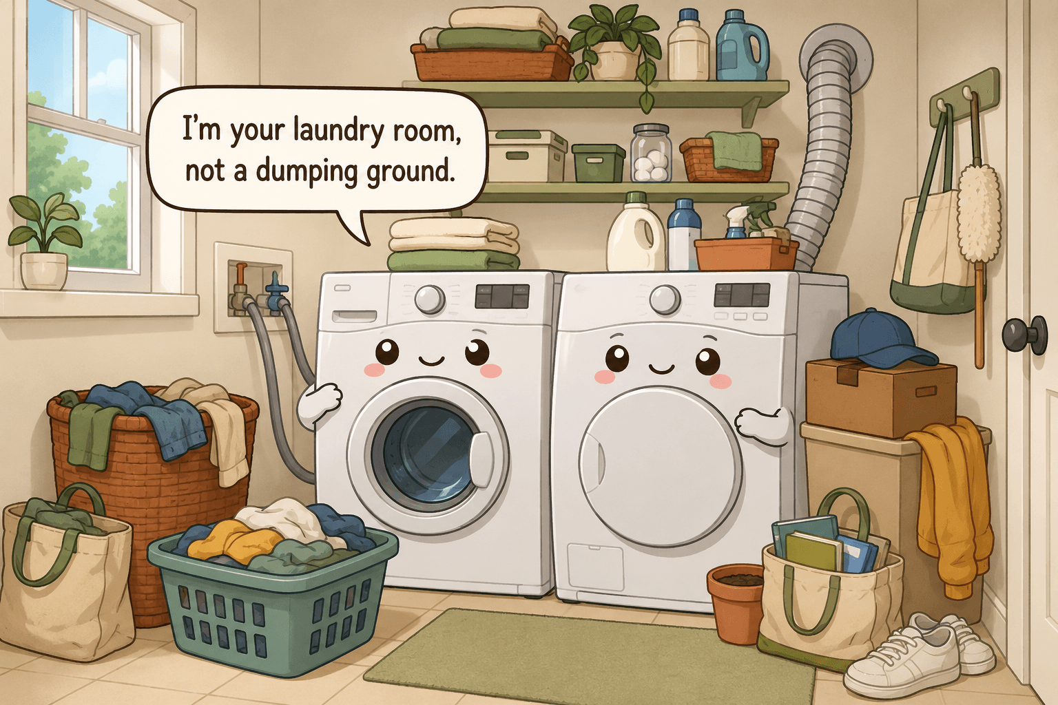 Chibi laundry room character between a washer and dryer with baskets, bottles, and household supplies crowding the counters and floor