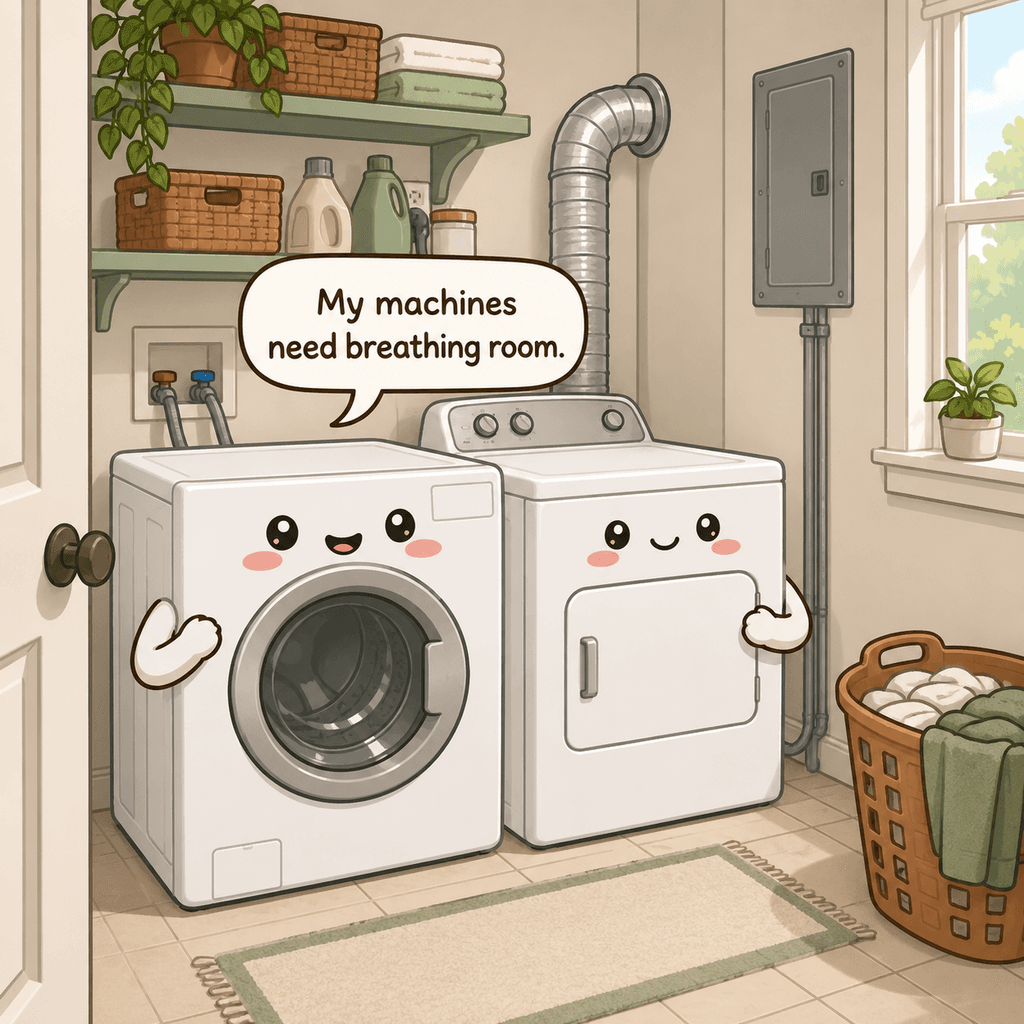 The laundry room character points to a washer, dryer, water valves, vent path, and narrow floor aisle that must stay accessible