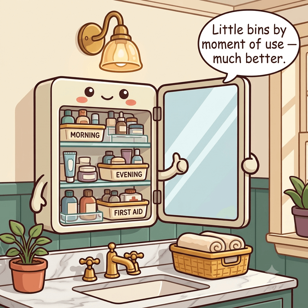 The medicine cabinet character calm, with small labeled bins for morning, evening and first aid, and a riser holding short bottles