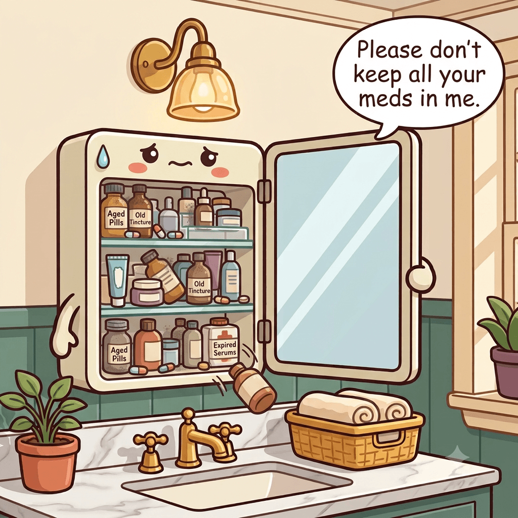 The medicine cabinet character strained, overstuffed with expired bottles and loose pills, door propped open