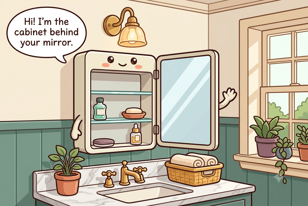 Chibi mirrored medicine cabinet character with three very shallow tiered shelves and a small worried smile