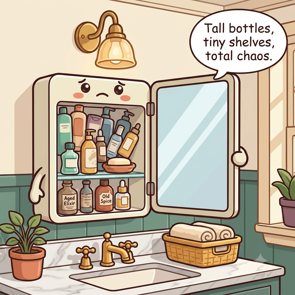 The medicine cabinet character opens to show crowded shallow shelves with tall bottles tipping over each other