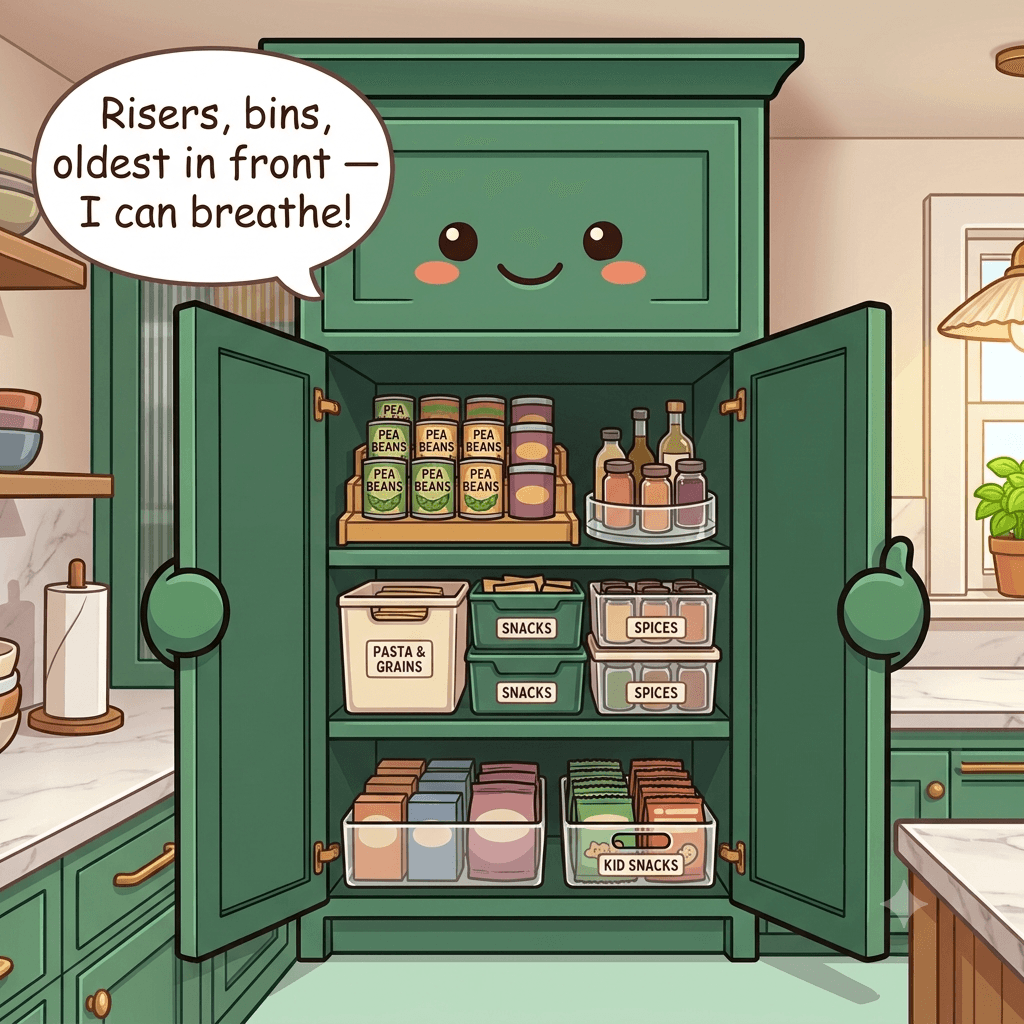The pantry cabinet character beaming, cans on a tiered riser, labeled pull-out bins by zone, a turntable of bottles, a low kid snack bin