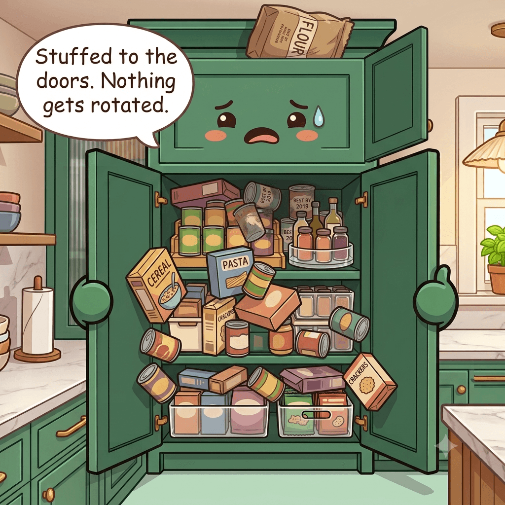 The pantry cabinet character overwhelmed, shelves stuffed front to back with toppling boxes, expired cans lost at the rear, a heavy bag up high